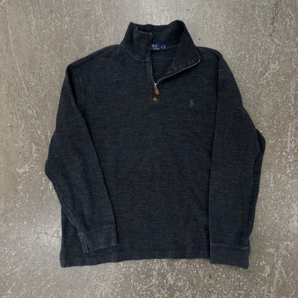 Polo Ralph Lauren Quarter Zip Mens Large Grey Excellent Leather Pull Pullover